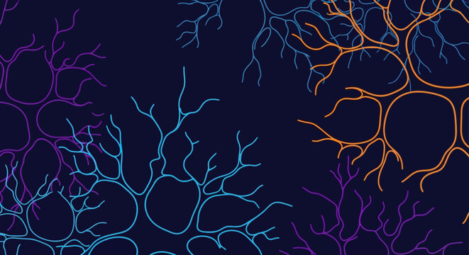 Colorful neural network branches pattern design on dark background