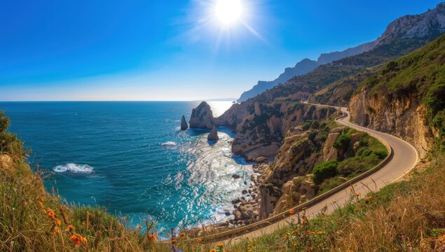 Coastal road curves along rocky cliffs by the Tyrrhenian Sea in Acquafredda, Potenza, Italy, captured in bright summer sunlight.