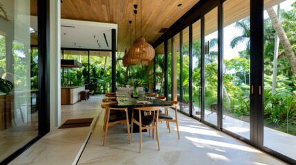 Fototapeta premium Modern tropical dining area with open concept design, soothing natural light, and stylish decor in a lush garden setting