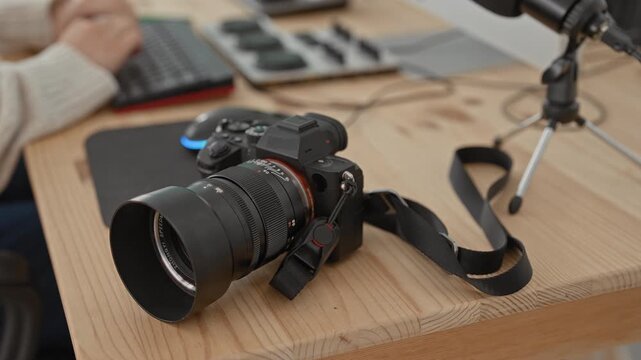 Woman photographer with camera on wooden desk typing on keyboard beside mouse and tripod in studio; creative focus.
