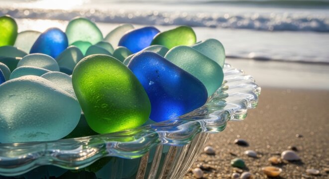 Colorful sea glass fragments with smooth, worn textures displayed in a decorative dish on a sandy beach with ocean waves in the background.