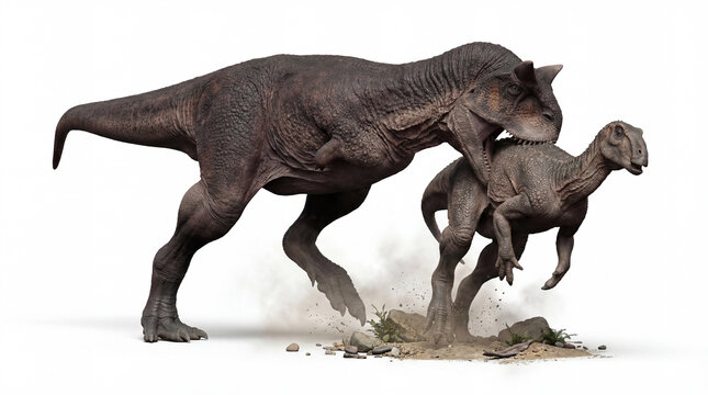 Carnotaurus sastrei Kill Bite Isolated on White Background with Shadow, Carnivorous Theropod Dinosaur Biting Prey, Realistic Paleoart