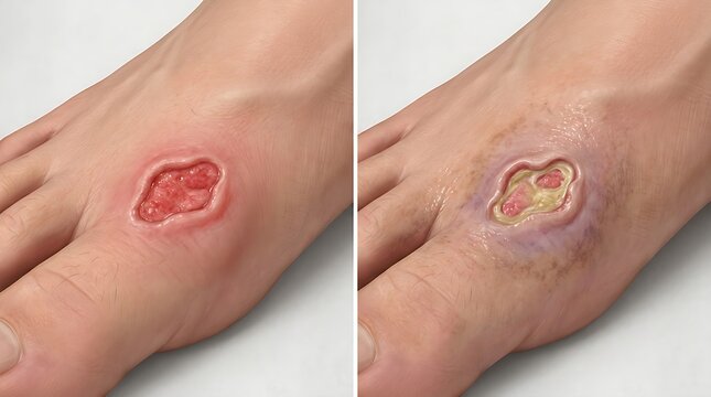 Infected Foot Ulcer Comparison Showing Worsening Wound, Inflammation and Pus Formation on Skin