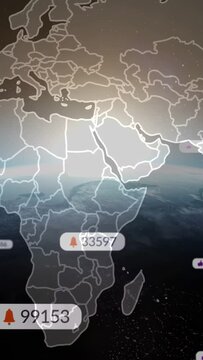 Vertical video: UI appearing, map panning to Africa, counters sliding and showing alerts for tech