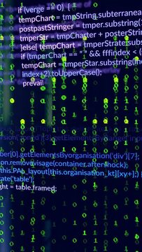 Scrolling source code display revealing JavaScript text at monitor, with green binary overlay