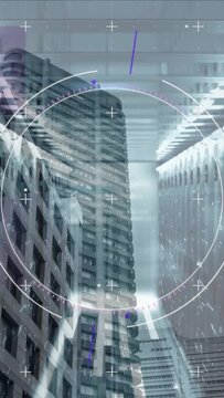 Vertical video: Cam starting HUD scan to map tower in business canyon, markers rotating, suit idle