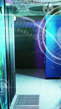 Vertical video: On data ping, server rack, blue cabinet emitting HUD rings, icons linking, scanning