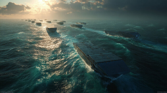 Massive fleet in V-formation breaking waves on deep blue ocean, cinematic lighting with golden sunlight. Metal hulls. 3D render for maritime logistics, shipping, or corporate hero image. Copy space.