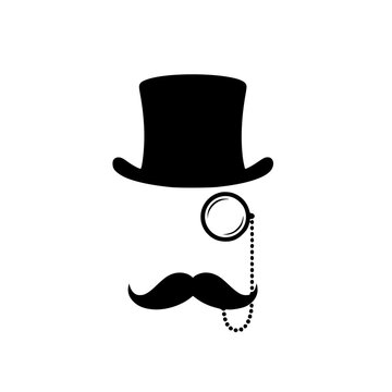 A black silhouette of a top hat and monocle with mustache Vector, illustration