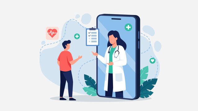 Telehealth medical appointment booking and health consultation via smartphone, flat vector illustration