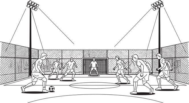 Black and White Vector Illustration of a Competitive Futsal Match in Progress