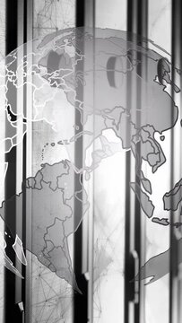 Vertical video: Globe fading in, rotating behind slats, revealing coasts and highlighting grid