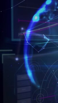 Vertical video: Tri node appearing turning causing globe mesh growth as lines linking into tech map