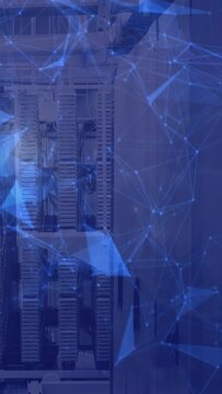 Vertical video: Server rack left static while blue net overlay drifting, causing node glow for tech