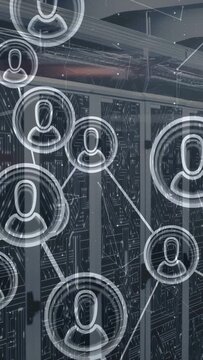 System booting overlay, avatars emerging and forming network lines across data center showing links