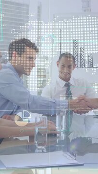 Vertical video: Business execs reaching across shaking hands sealing deal under map overlay