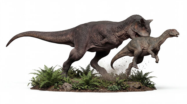 Carnotaurus sastrei Ambushing Prey Isolated on White Background with Shadow, Fast Carnivorous Theropod Dinosaur Attack, Realistic Paleoart