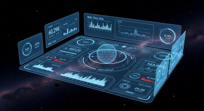 Futuristic holographic interface displaying data and charts on a starry background