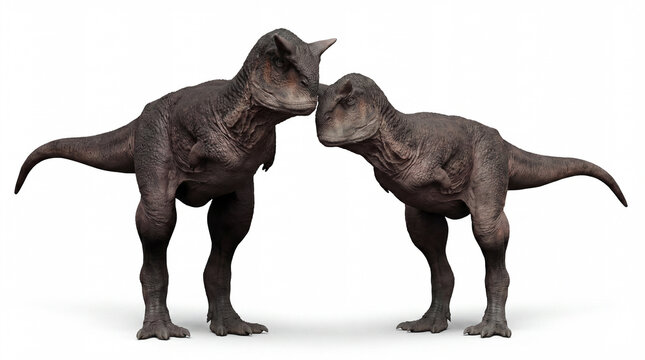 Carnotaurus sastrei Couple Isolated on White Background with Shadow, Pair of Carnivorous Theropod Dinosaurs Interaction, Realistic Paleoart