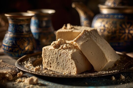 Close up of traditional halva blocks with tahini and sesame on an ornate plate
