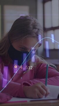 Vertical video: Kid writing with green pencil at school, mask, purple bars cyan line crossing page