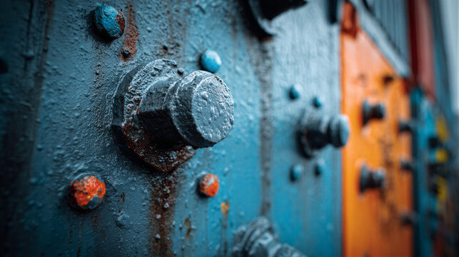 Macro close-up of container cargo ship deck. Industrial texture with smooth and rough metal. Deep sea blue warning orange. Cinematic lighting shallow depth. Negative space on right for logistics.