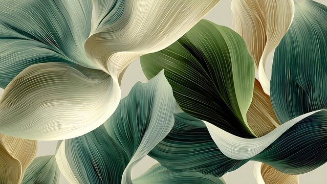 Abstract 3D floral petals with elegant silk texture. Sage green and cream flowing curves create a modern botanical background. Minimalist organic shapes for luxury wellness and eco design.