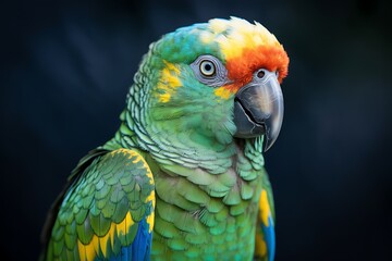 Fototapeta premium Close-Up Portrait of Vibrant Red-Fronted Amazon Parrot, Detailed Feathers against Dark Background, Studio Shot
