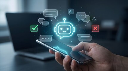 Fototapeta premium Man's hand holding a smartphone while interacting with an AI chatbot digital assistant for technical support in a modern office