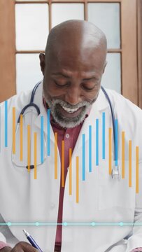 Doctor reviewing patient data tapping pen in clinic while progress bar advances, charts over frame