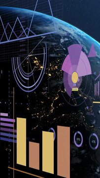Vertical video: Tech HUD over Earth pan causing radial fan spinning, bars updating for analytics