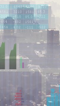 Timeline advancing, finance charts sliding and stacking over hazy skyline, revealing market trends