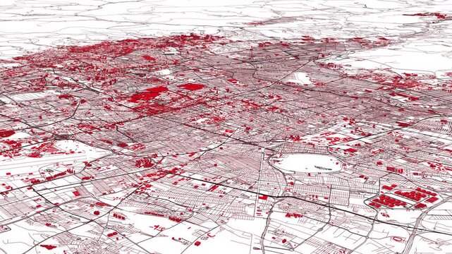 Night aerial view of Teheran with red buildings.