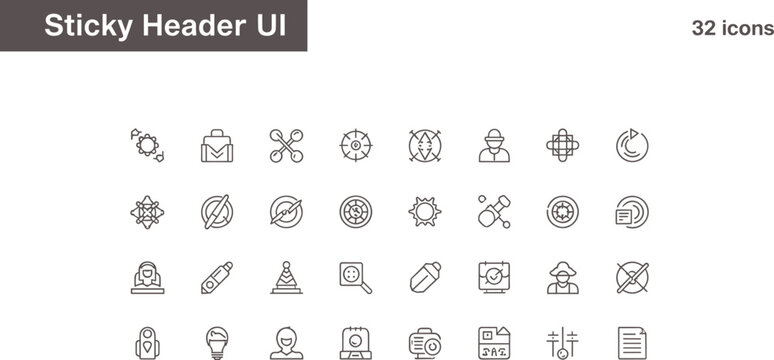 Sticky header UI icon set in minimal outline style for navigation bars fixed menus and web interface layout design systems