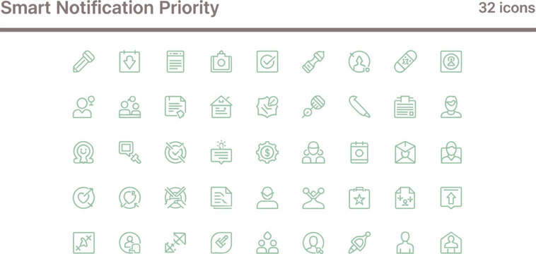 Smart notification priority icon set in minimal outline style for alert management user communication and system interface design