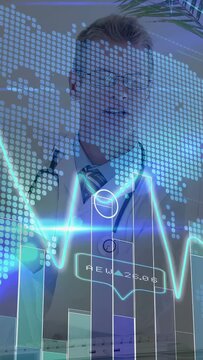 Vertical video: Doctor pointing as medical data appearing, animating ECG, map, bars for diagnosis