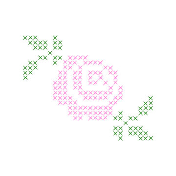 Embroidered cross-stitch rose flower element. Hand drawn retro hatch folk motif. Vector isolated shape.