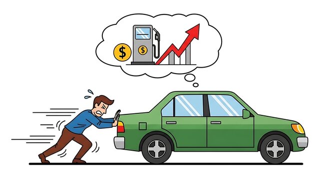 A cartoon man pushing a green car with a thought bubble showing a gas pump and rising prices.