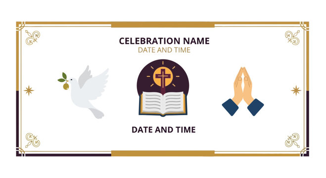 Religious Invitation Template: Dove, Bible, Prayer Hands, Cross for Baptism, Christening, Wedding