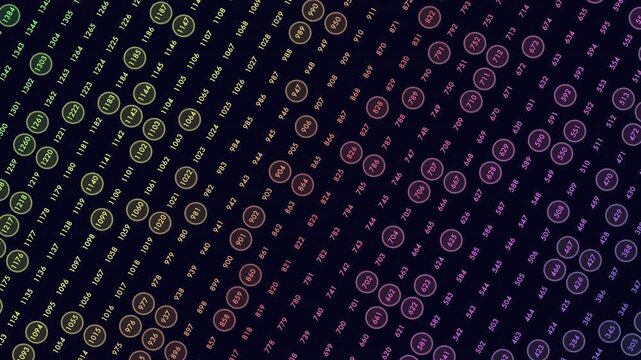 Abstract footage of multicolored numbers and circled digits drifting diagonally on a dark background, suggesting big data, analytics, coding, and digital information flow