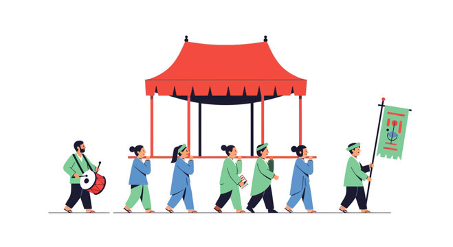 Traditional Asian Procession with Palanquin and Drummer