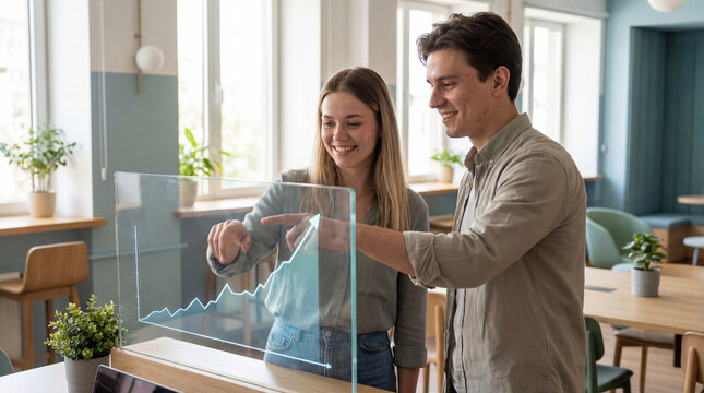artificial intelligence AI A man and woman analyzing a graph in a modern office setting