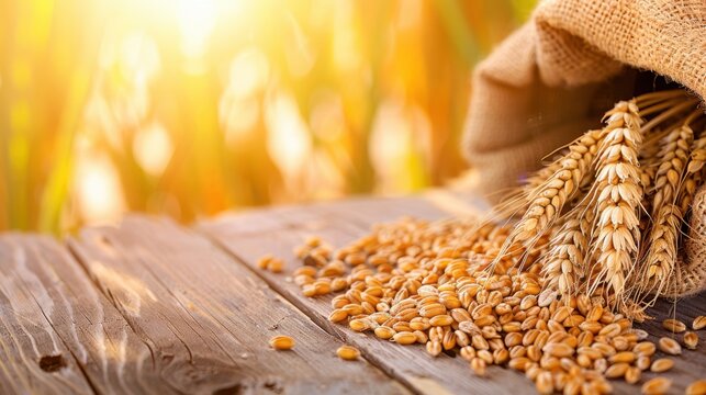 Golden Wheat Grains Poured from a Burlap Sack onto Rustic Wooden Surface in Warm Sunset Light