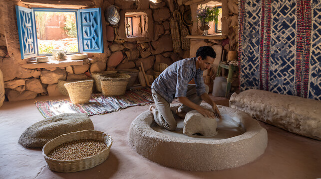 Man grinding grain in traditional stone mill symbolizing global connectivity and communication