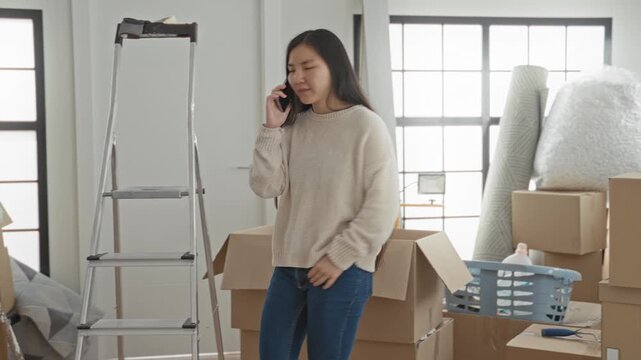 Woman holds smartphone to ear amid stacked moving boxes in a bright building room, long hair and casual sweater visible; quiet anticipation.