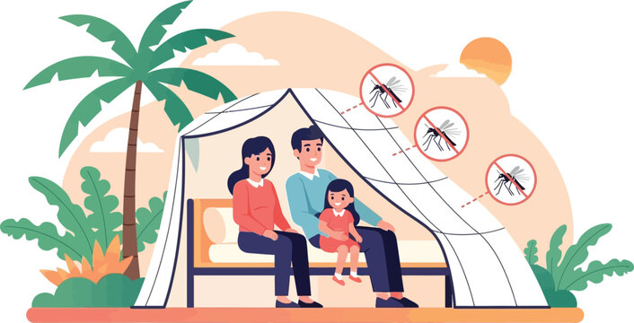 Family under mosquito net: Illustration of a family seeking shelter under a mosquito net. Protects against bites in an outdoor scene.