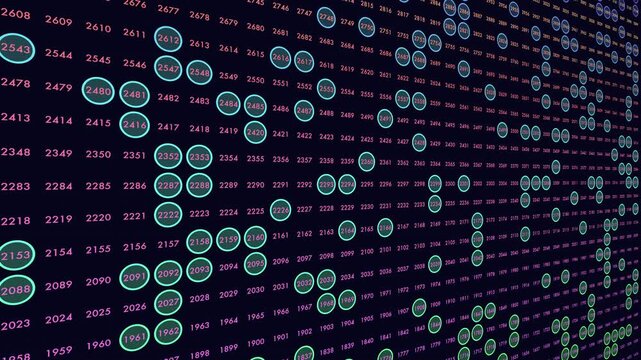 Abstract technology background showing a flowing matrix of numbered data points with highlighted circles, ideal for cybersecurity, analytics, and network concepts