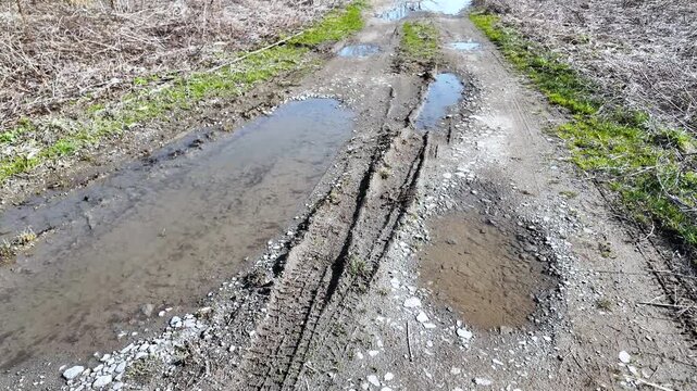 早春の東北で見られる泥だらけの悪路と水たまり
