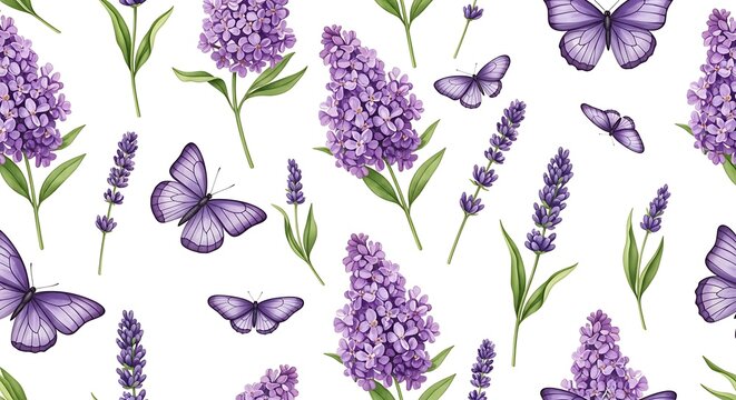 Watercolor lilac and lavender seamless pattern with purple butterflies