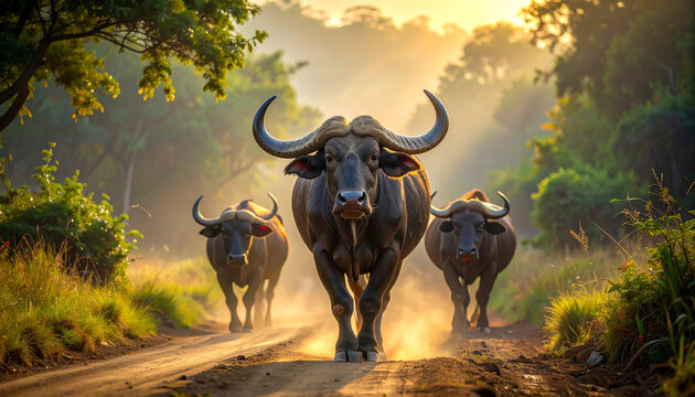 Three african buffalo strolling towards the camera on dirt road at sunrise